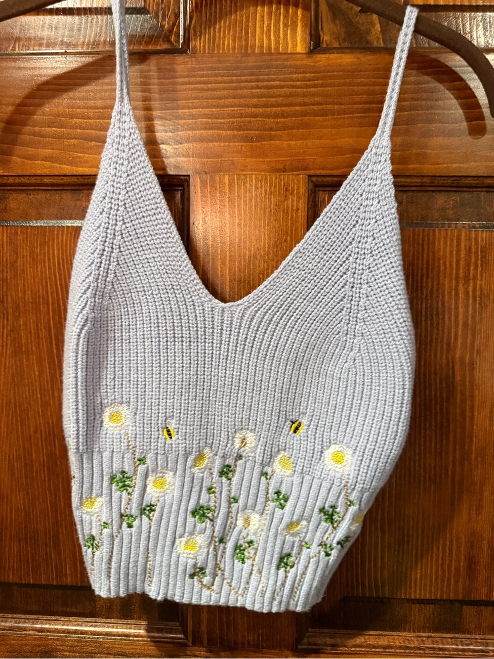 Cider Light Blue Knit Floral Embroidered Crop Cami